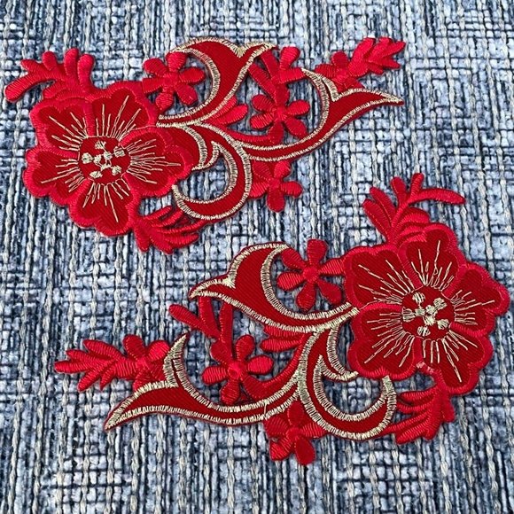 Red Iron On Paches Lot of 2 Leaf Embroidery Patches Set of 2 - Picture 6 of 8